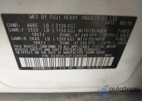 2015 Subaru Outback 2.5I Limited z USA, uszkodzony, nr VIN 4S4BSAJCXF3340048